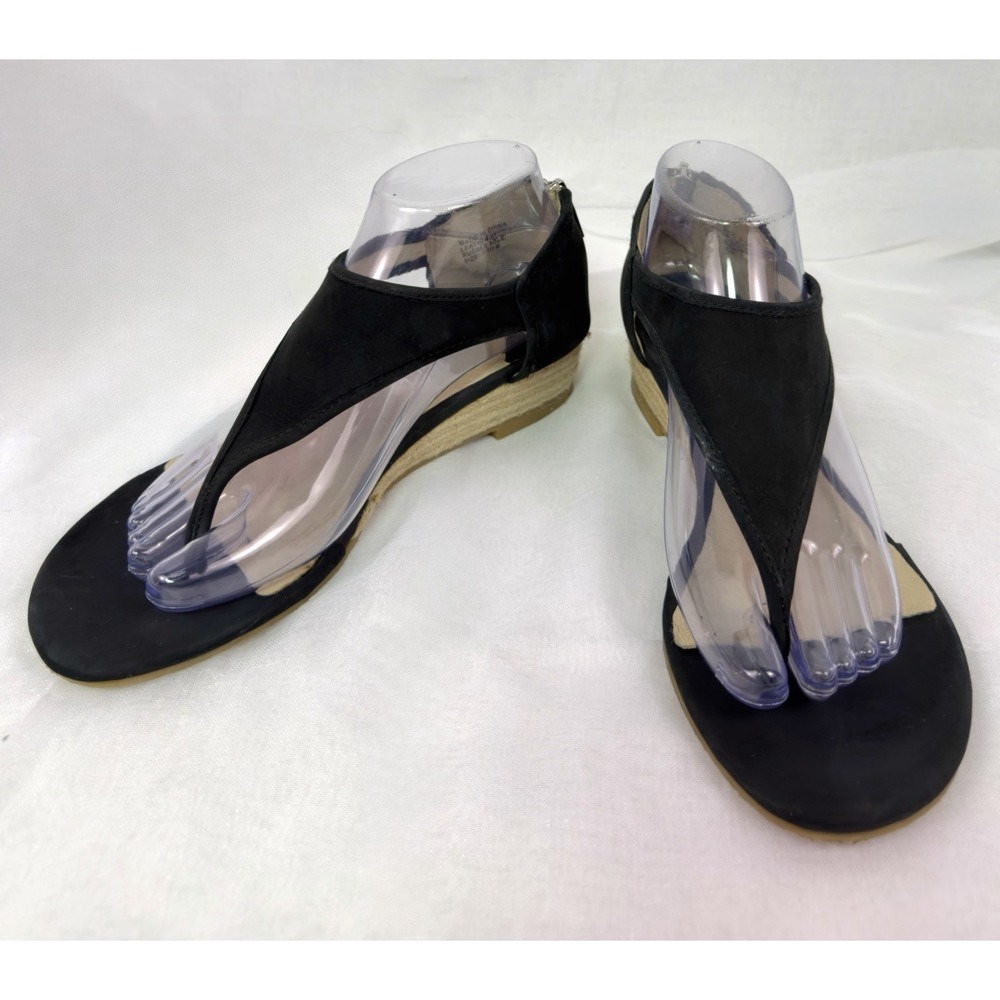 Michael Kors Black‎ Leather T Strap Espadrille Wedge Sandals Womens Size 7.5M